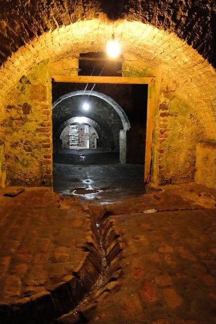 Interior of the castle dungeon with dim lighting and stone walls